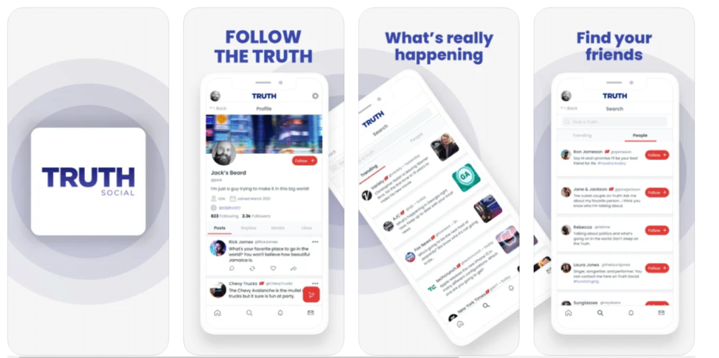 Alcuni screenshot di Truth, l'app è già prenotabile sui dispositivi Ios tramite App Store ma in un primo momento l'accesso sarà permesso solo tramite invito. Solo nel 2022 sarà aperto a tutti