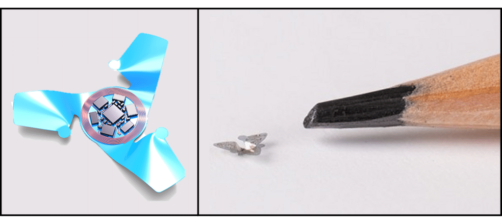 Il microchip realizzato alla Northwestern University di Chicago è più piccolo anche della punta di una matita (figura a destra). Sulla sinistra, invece, si può vedere il modello utilizzato dai ricercatori per ottenere la forma che ricorda la foglia di Tri