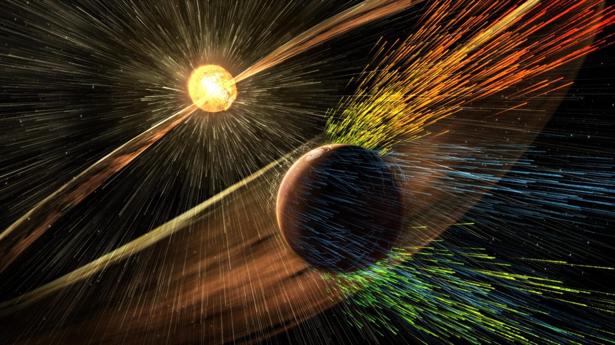 Illustrazione rappresentativa del vento solare. Credits: NASA
