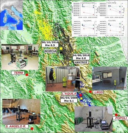 Le 5 zone in cui i gravimetri sono stati installati nel Centro Italia. Fonte: Istituto Nazionale di Geofisica e Vulcanologia