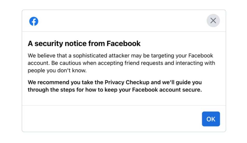 L'avviso di Meta per gli account Facebook nel mirino della sorveglianza. Fonte: Facebook