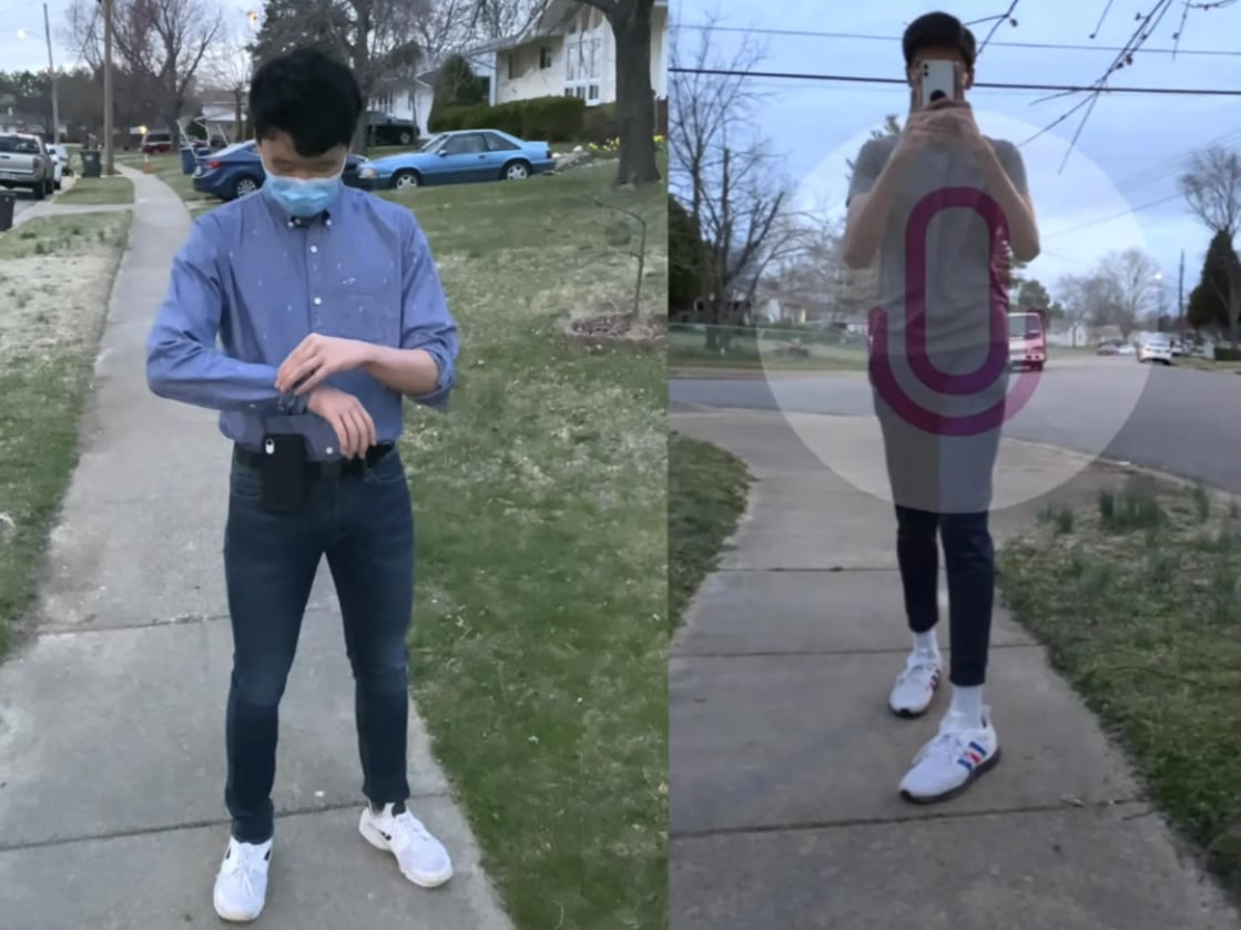 A sinistra Choi sta usando l'app Atheia su un iPhone insieme a un prototipo di un braccialetto simile a uno smartwatch. Sulla destra c'è quello che mostra l'applicazione Atheia quando la fotocamera dell'iPhone è puntata su una persona (Ravella). Credits: 