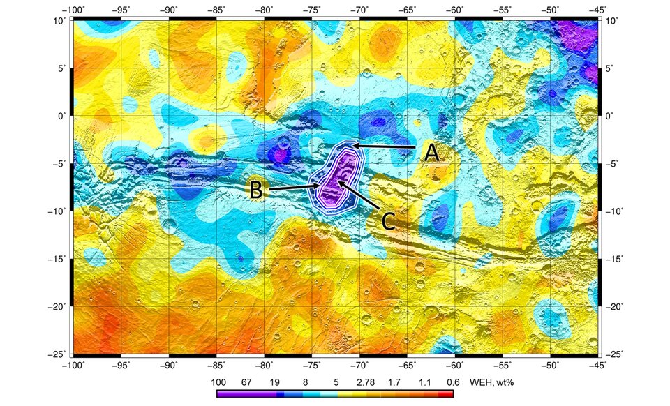 Risultato dei dati di TGO nelle Valles Marineris, la zona al centro mostra la possibile concentrazione di acqua. Credits: ESA