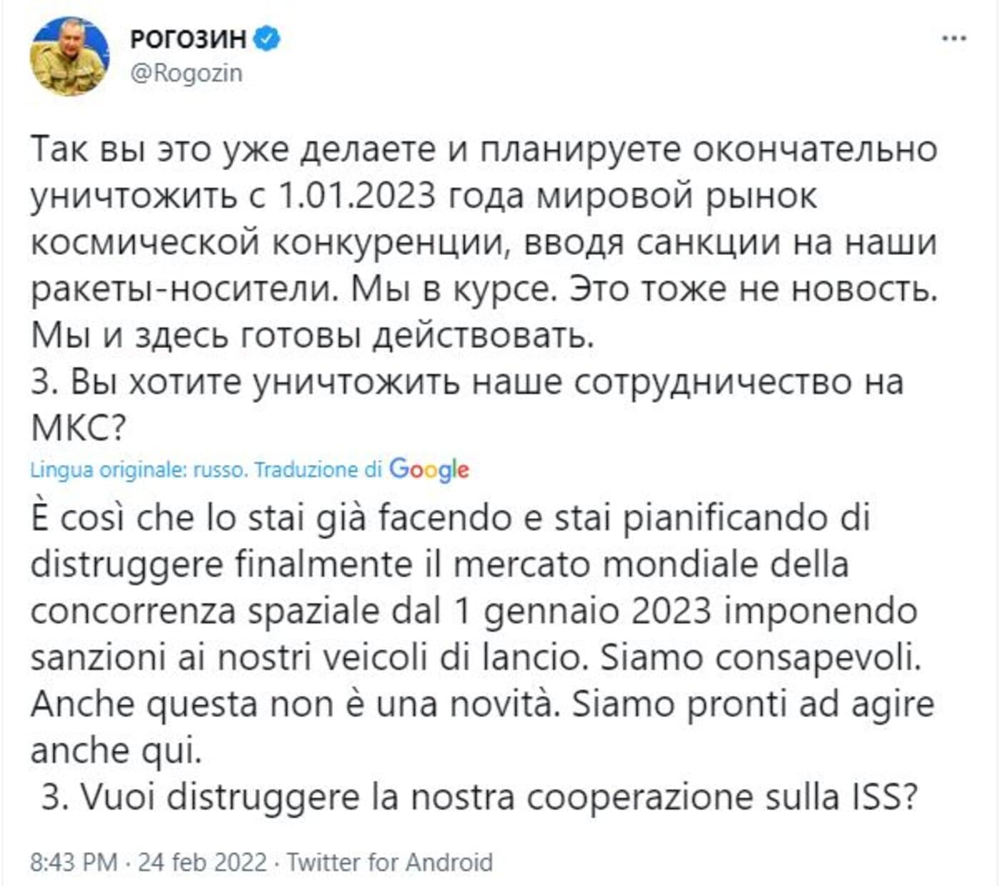 Uno della serie di tweet del capo dell'agenzia spaziale russa Roscosmos, Dmitry Olegovich Rogozin, come replica al Presidente USA Biden. Credit: account twiter ufficiale di Dmitry Olegovich Rogozin.
