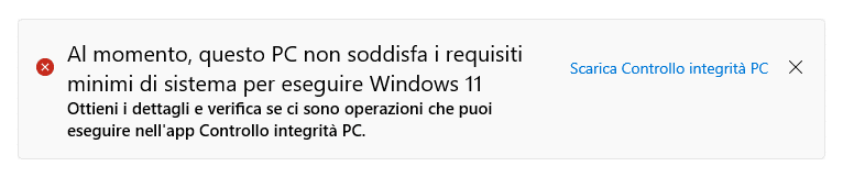 Esempio del messaggio di incompatibilità nella versione di Windows 10 che non permette l'aggiornamento al nuovo sistema operativo di Microsoft.
