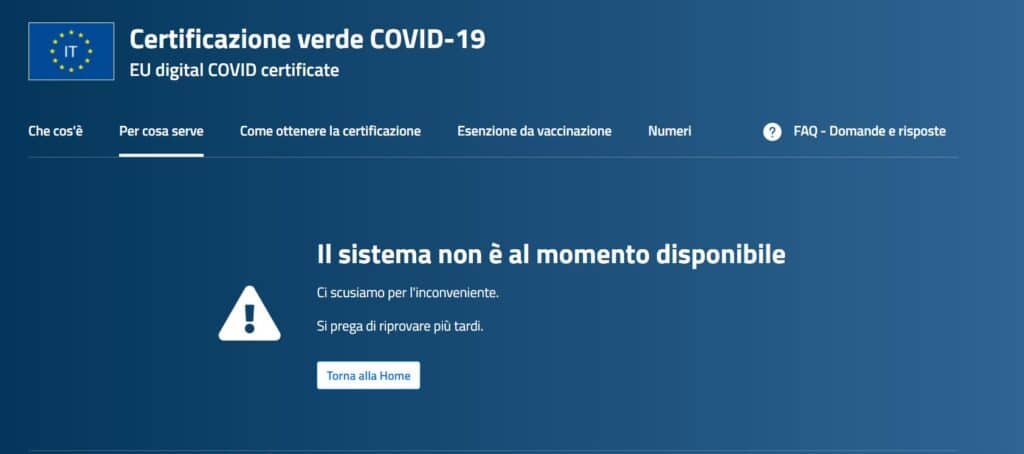 Green pass: down di sistema, impossibile accedere