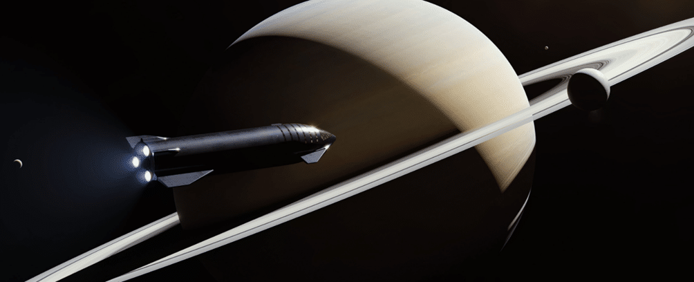 Illustrazione grafica di Starship in viaggio attorno a Saturno e le sue lune. Crediti: SpaceX.