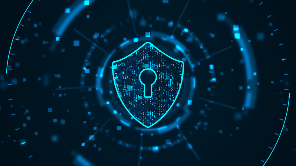 Cyber security concept: Shield With Keyhole icon on digital data background.