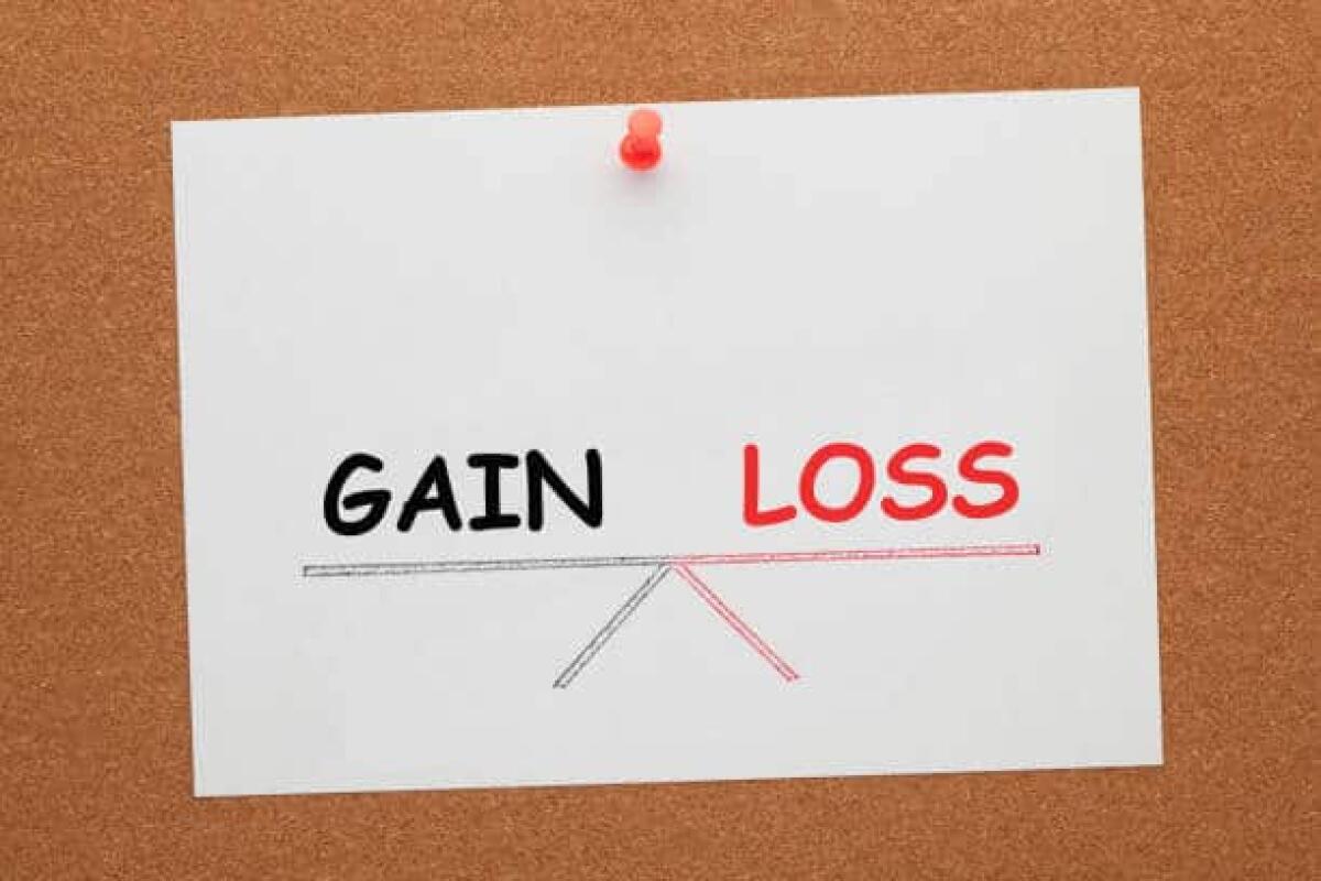 Spread bull and bear, strategie delle opzioni per "controllare" le perdite - Gain and loss balance on seesaw drawing on white paper sheet pinned on cork board. Concept of business and financial management