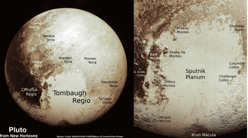 Mappa geologica di Sputnik Planitia su Plutone.Questa nuova vista è stata creata dalle ultime immagini ad alta risoluzione per essere scaricate dalla navicella spaziale New Horizons della NASA e rilasciata l'11 vsettembre 2015. Crediti: NASA/Johns Hopkins