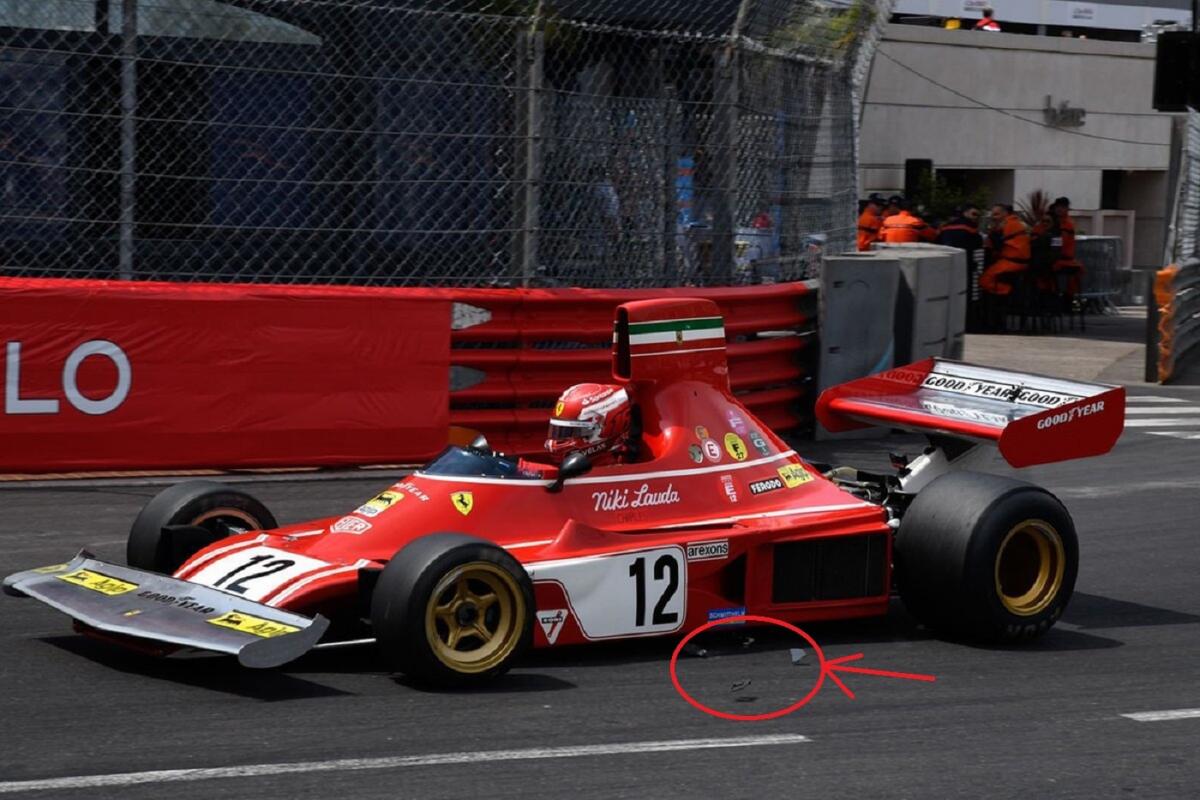 Incidente Leclerc a Monaco sulla 312B3 di Lauda: ecco la foto che mostra la pastiglia del freno rotta persa pochi attimi prima - Incidente Leclerc a Monaco sulla 312B3 di Lauda: spunta una foto che mostra il disco rotto perso pochi attimi prima