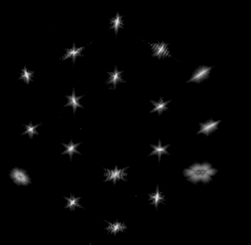 Immagine prima del Segment Alignment, visibili grandi errori di posizionamento dei segmenti dello specchio primario e aggiornato l'allineamento dello specchio secondario ,telescopio james webb Credits: NASA/STScI