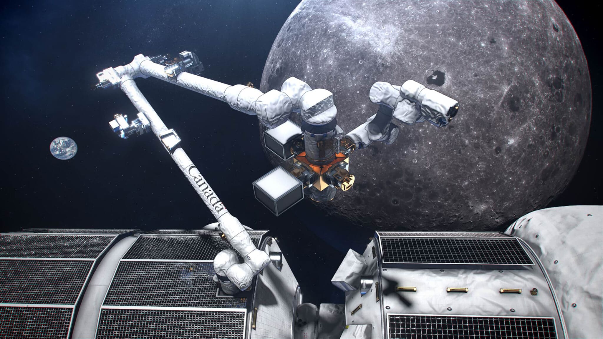 Render del Canadarm3, braccio robotico che opererà sul LOP-G. Credits: CSA