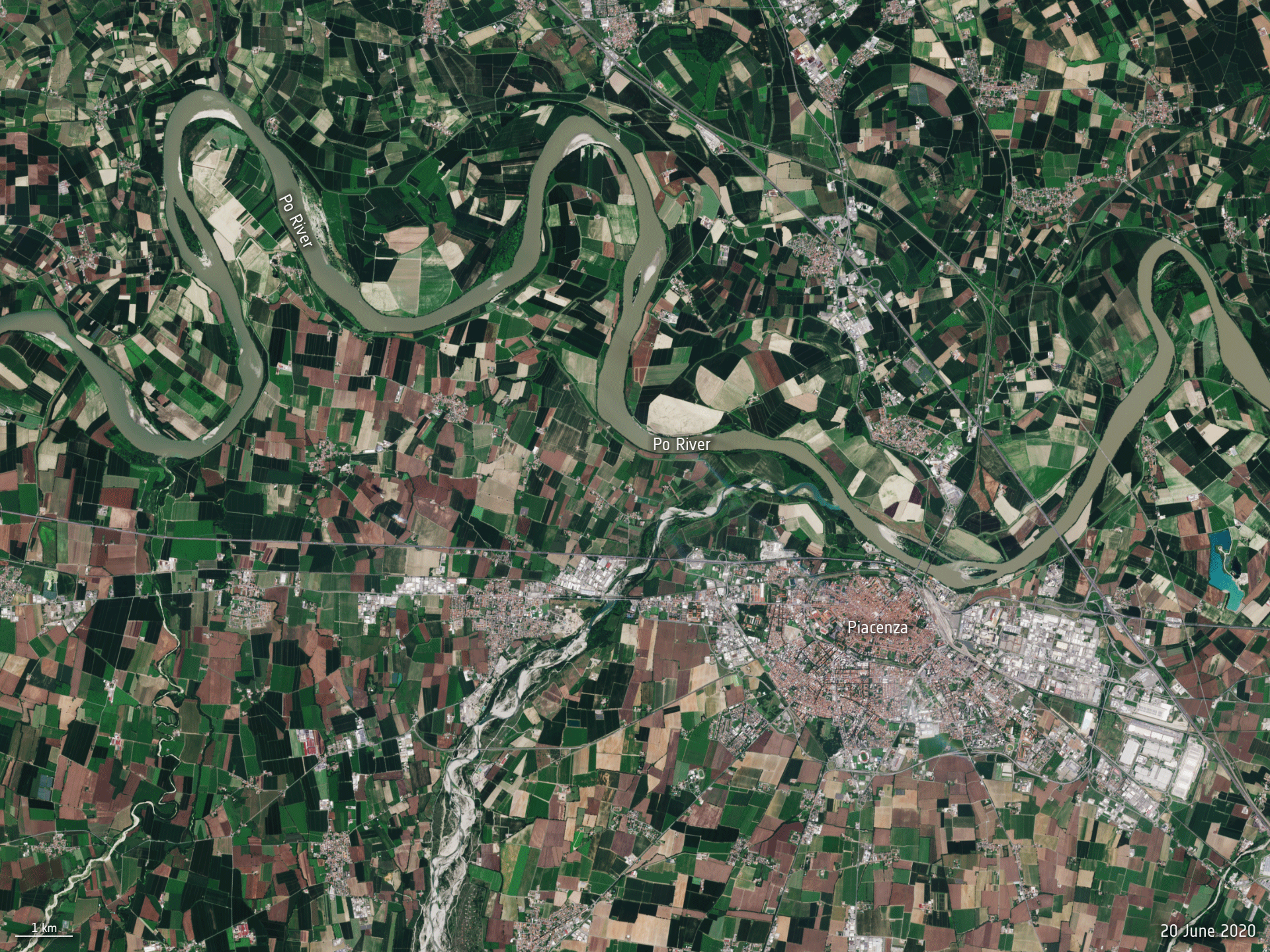 Animazione che evidenzia lo stato di siccità del fiume Po nel corso degli anni (2020-2021-2022). Credits: ESA