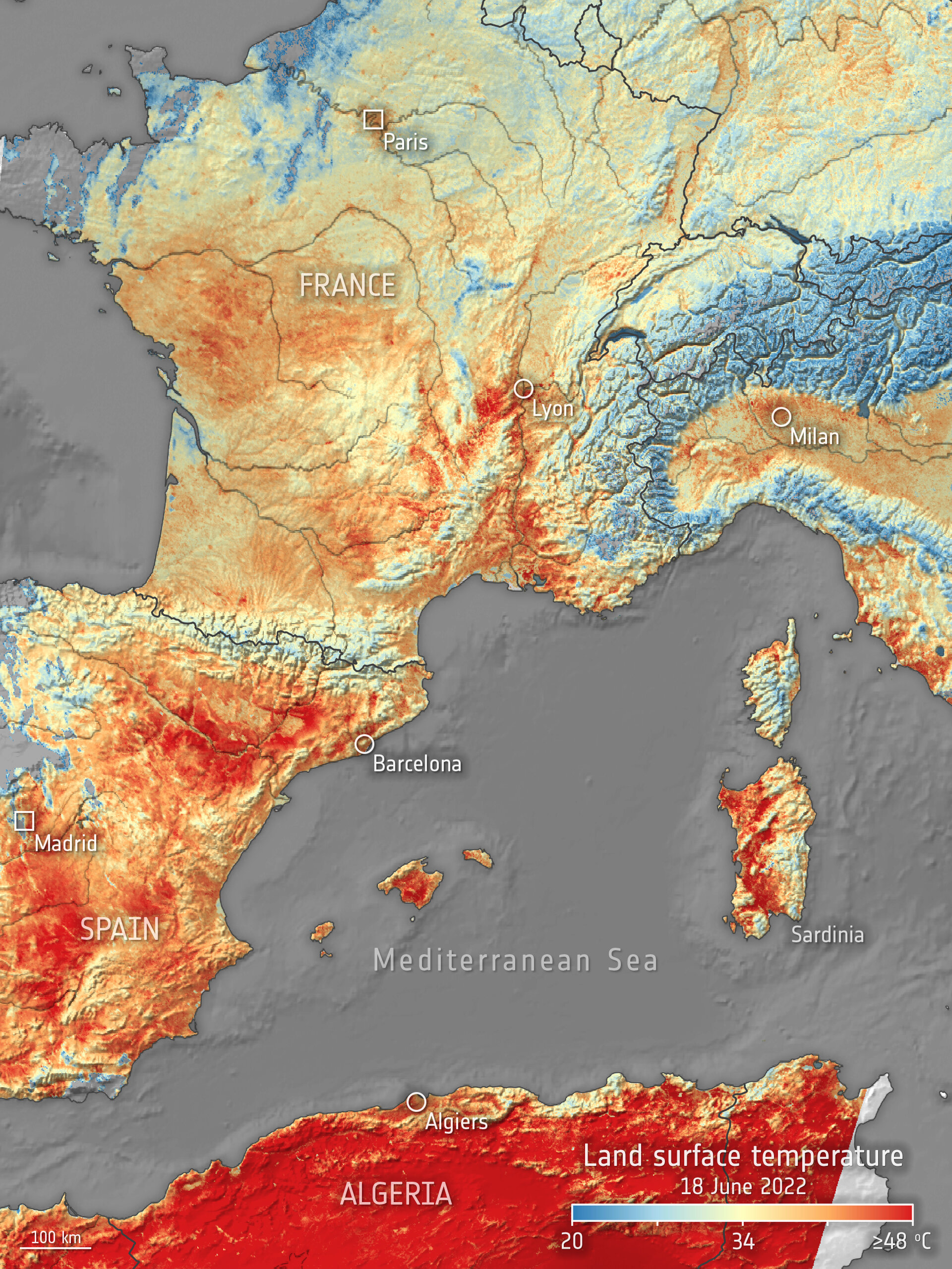 Ondata di calore del 20 Giugno 2022 rilevata dai satelliti dell'ESA. Credits: ESA
