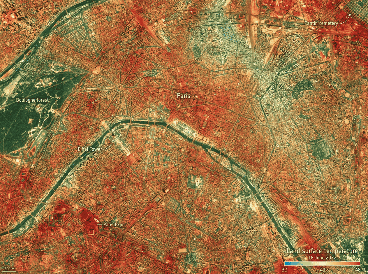 ECOSTRESS, Distribuzione temperatura della città di Parigi, Credits ESA/NASA/JPL