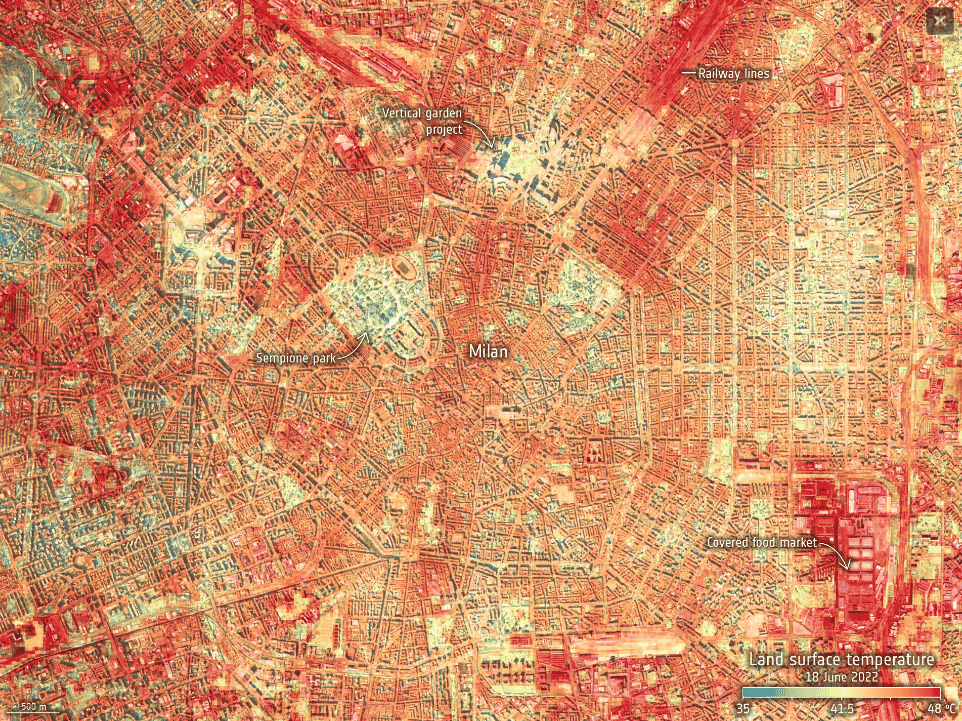 ECOSTRESS, Distribuzione temperatura della città di Milano 18 giugno 2022, Credits ESA/NASA/JPL