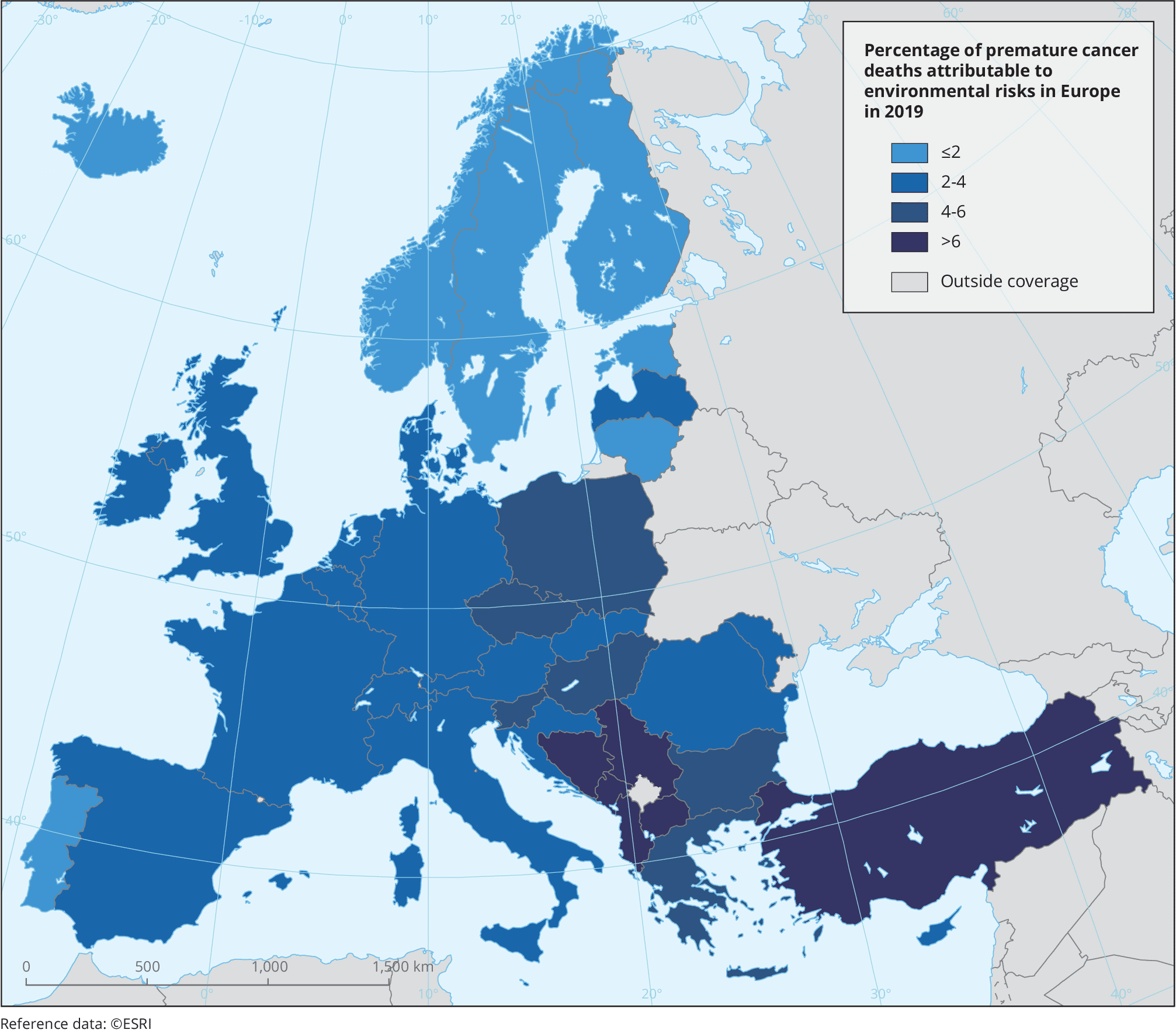 Correlazione tra tumori e inquinamento in Europa nel 2019 - Credits: European Environment Agency