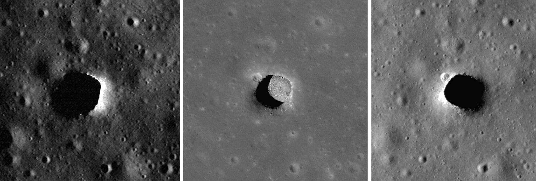 Zone ombreggiate lunari, fosse sulla superificie lunare, Credits Nasa
