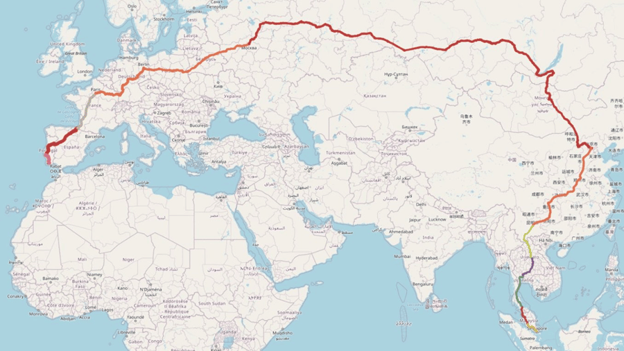 Il percorso del tour ferroviario più lungo del mondo, dal Portogallo a Singapore. Credits: Rayhaber