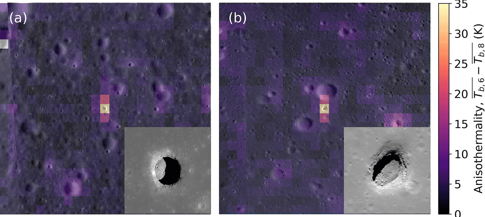 Mappatura di 250 m per pixel utilizzando la media di tutte le misurazioni della temperatura di luminosità dei canali.(a) la fossa Mare Tranquillitatis e (b) la fossa Mare Ingenii. Questi dati presentati sono l'anisotermicità, cioè la variabilità delle tem