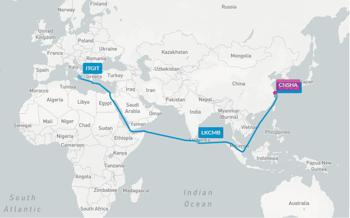 Esempio di rotta commerciale euro-asiatica, Shangai – Gioia Tauro. Fonte RouteScanner.