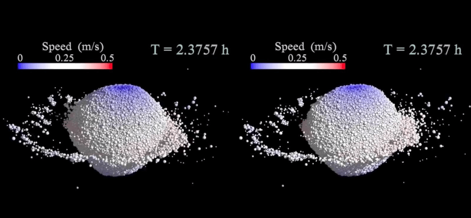 Simulazione digitale di uno spargimento di massa di Didymos quando la sua velocità di rotazione su se stesso aumenta e quella forza centrifuga diventa dominante. Al termine di tale processo, potrebbe formarsi una piccola luna. Credits  Brian May e Claudia
