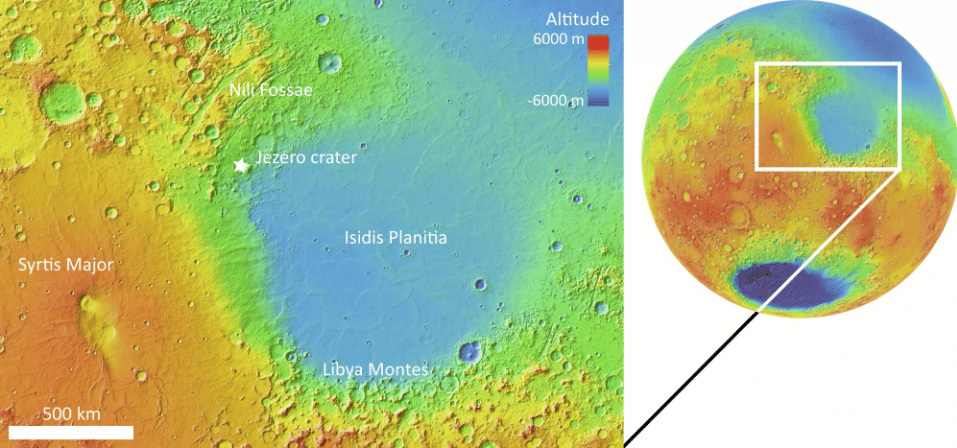 Dove si trova il cratere Jezero, altituidine Credits NASA