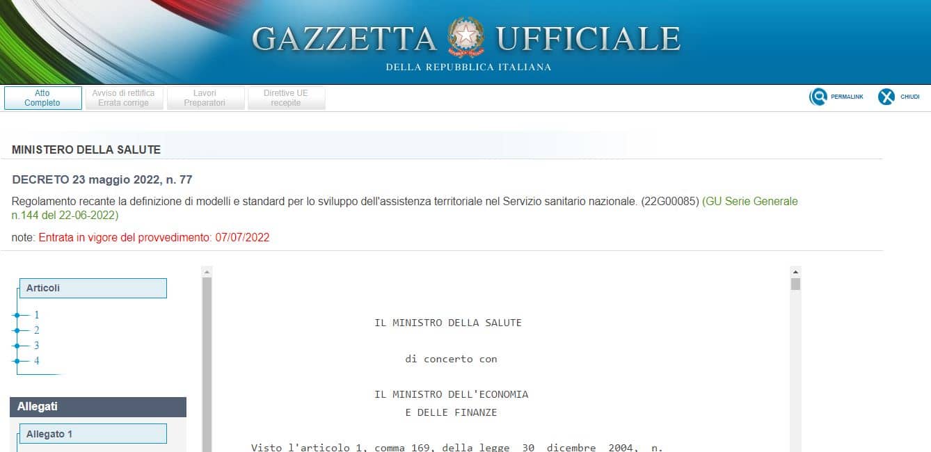 Gazzetta Ufficiale della Repubblica Italiana - Decreto n.77 entrato in vigore il 7/7/20221. Credits: Gazzetta Ufficiale