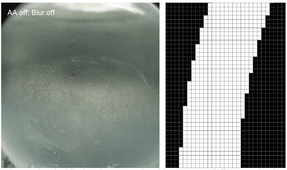 A destra un dettaglio dello slace che verra riprodotto dal proiettore DLP, l'effetto " a gradini" è dovuto ai pixel, a sinistra una sfera dove è possibile notare l'effetto dell'aliasing. Credit: Liqcreate
