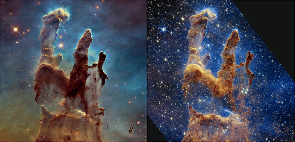 A sinistra i Pilastri della Creazioni visti dal telescopio Hubble (immagine rielaborata nel 2014); a destra la nuovissima immagine catturata dal James Webb. Credits: NASA, ESA, CSA, STScI; Joseph DePasquale (STScI), Anton M. Koekemoer (STScI), Alyssa Paga