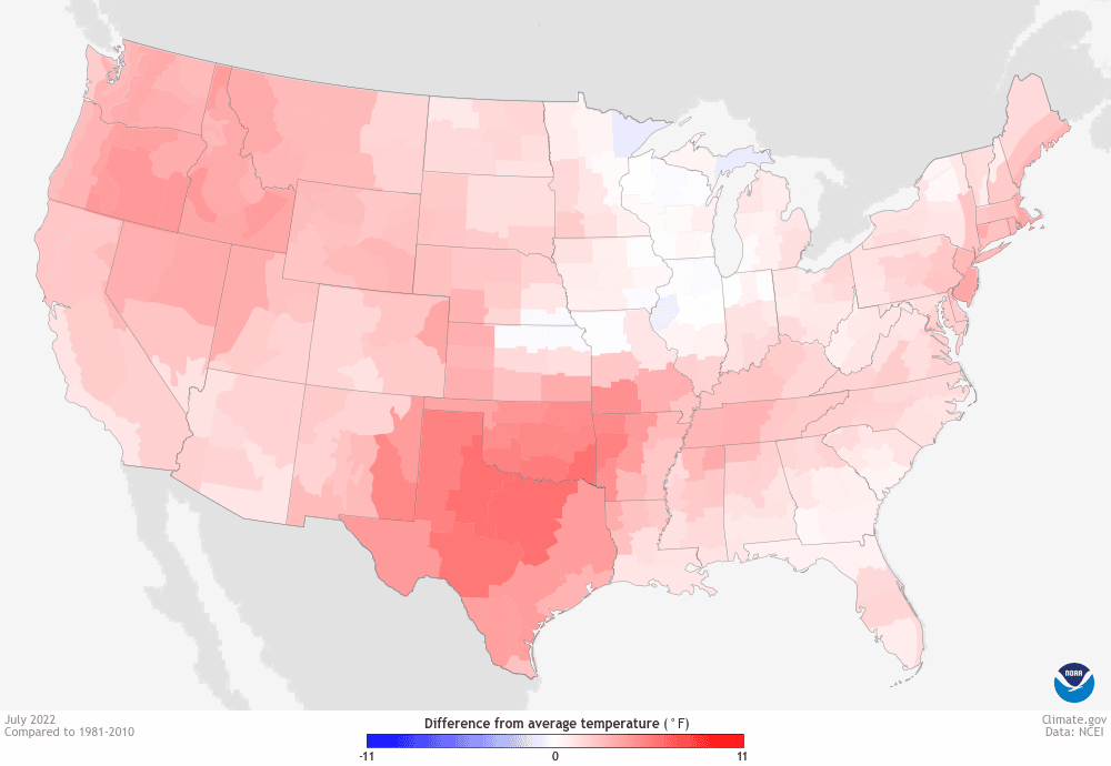 Anomalie di temperature del 2022, comparate alle temperature del 1981-2010. Fonte: NOAA