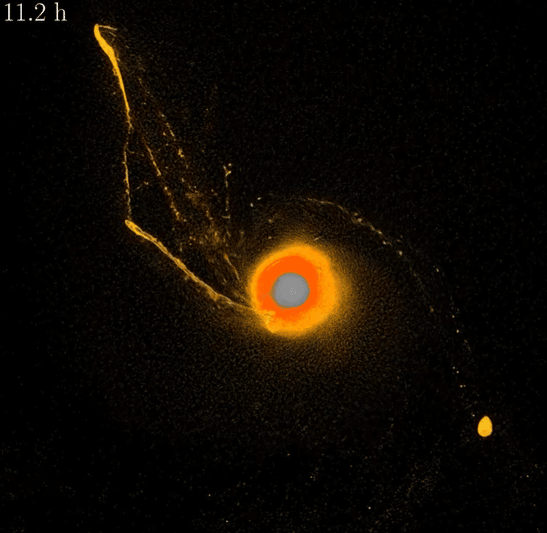 Ipotesi nascita della Luna, istantanee illustrative di una simulazione di impatto in cui un satellite è posizionato direttamente su un'orbita ampia, in questo esempio con l'eccentricità finale più bassa. Nei pannelli centrali, le particelle che formeranno