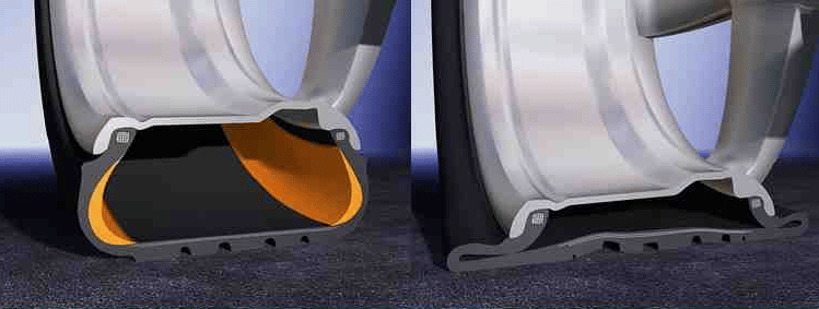 Differenza di funzionamento fra pneumatico runflat (a sinistra) e tradizionale (a destra). Credits: Continental