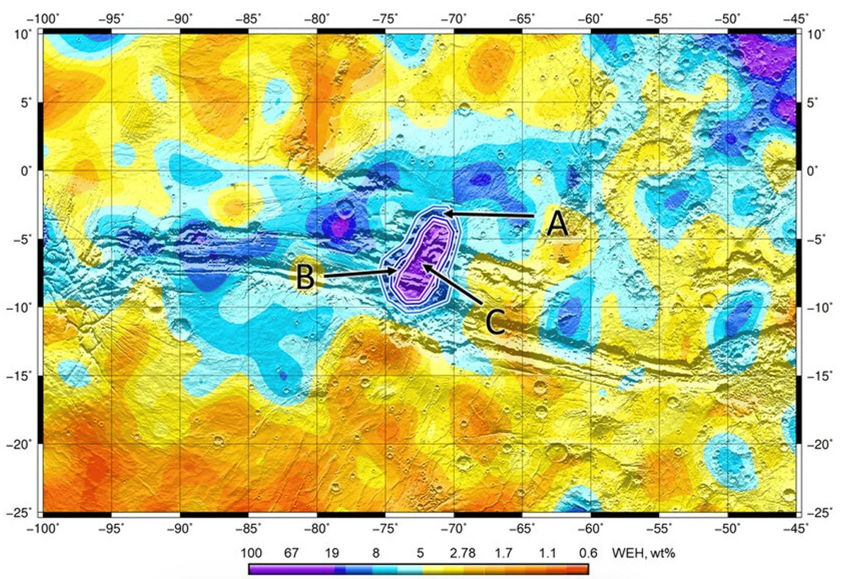 Rilevazione di regioni ricche d’acqua nei pressi di Valles Marineris. Credits: ExoMars Trace Gas Orbiter-ESA
