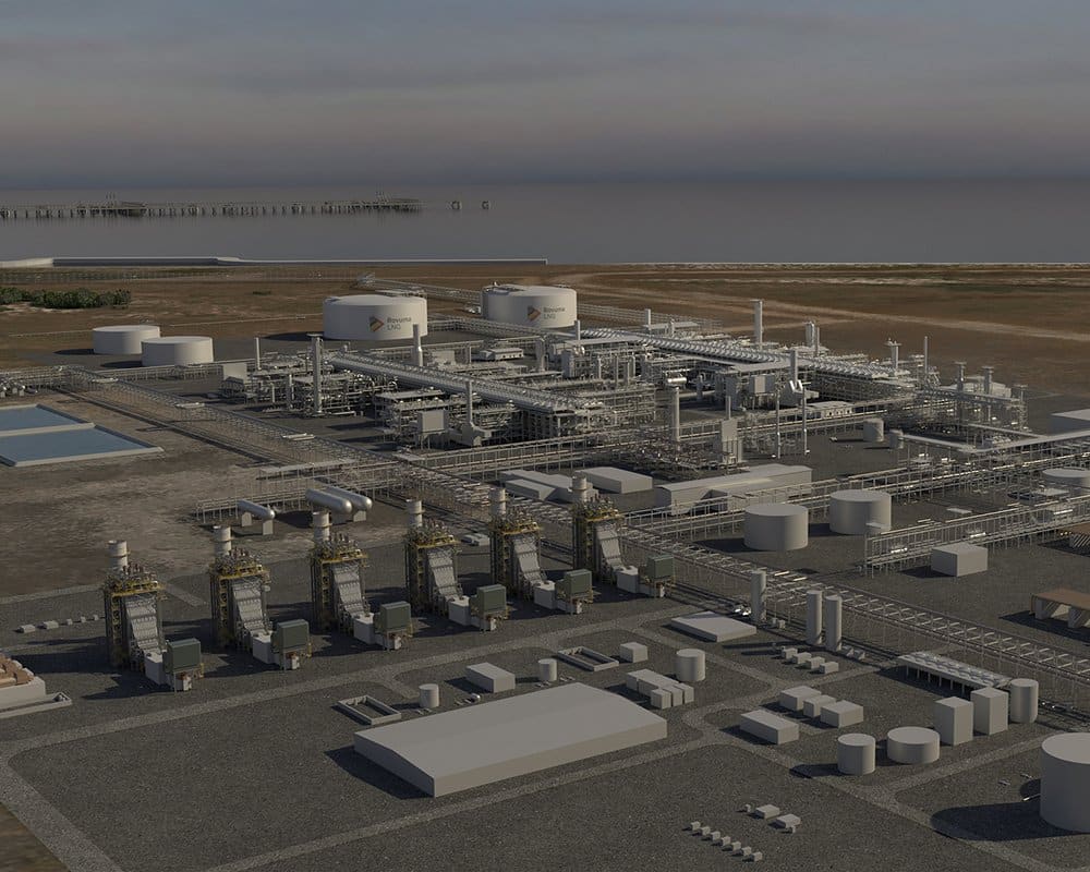 Rendering di una centrale di trattamento di gas naturale in Mozambico, la cui realizzazione è prevista nei prossimi anni. Credits: Eni.