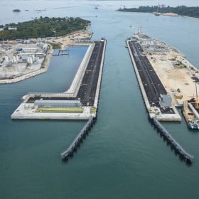 Lavori per il MO.S.E. Bocca di Malamocco, conca di navigazione, foto aerea, laguna di Venezia 26-08-2014