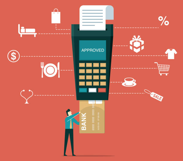 illustrazioni stock, clip art, cartoni animati e icone di tendenza di pagamento con carta di credito - uomo d'affari - pos