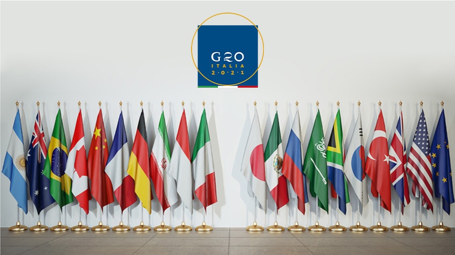 Bandiere dei paesi del G20 durante il summit del 2021 in Italia. Credis: Ministero dello Sviluppo Economico.
