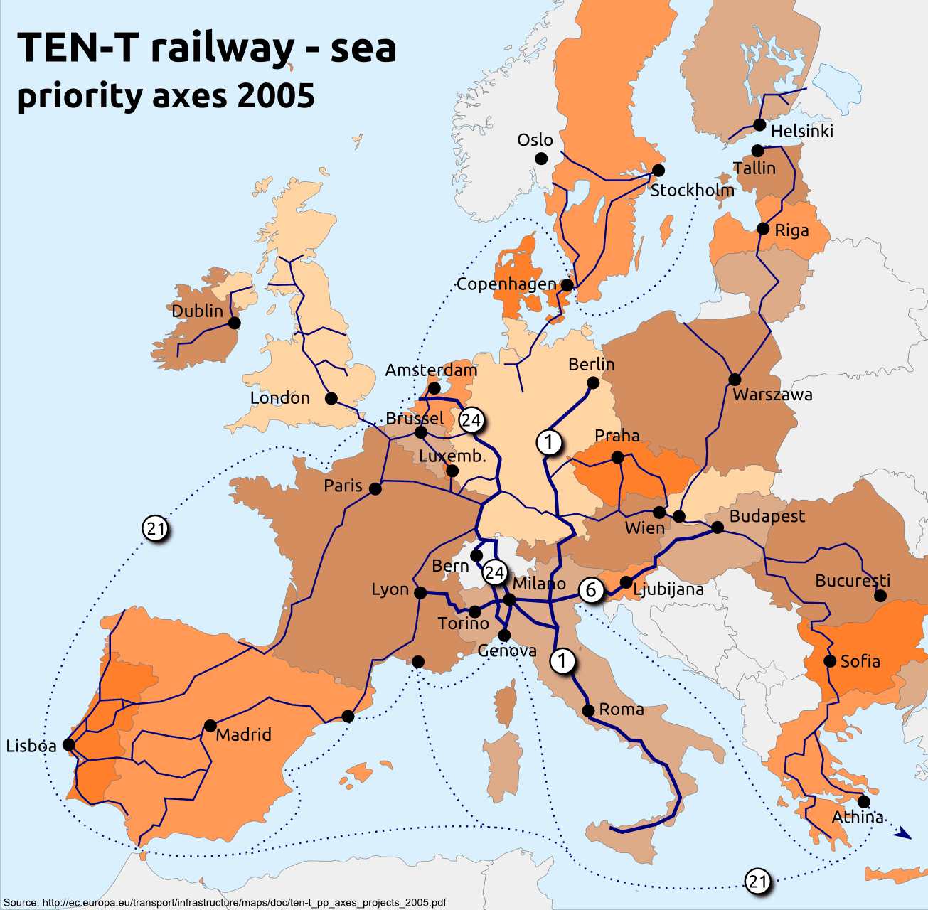 Una carta della rete ferroviaria e marittima all'interno di TEN-T. Fonte: Commissione Europea