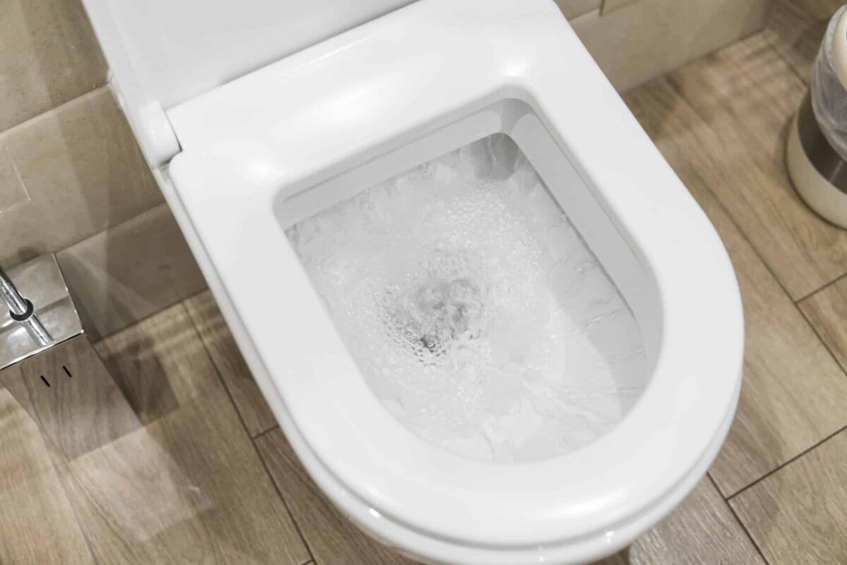 È vero che l'acqua del WC ruota diversamente nei due emisferi? - White toilet bowl in a bathroom. Closeup view of a flushing white toilet. The water swirls in the toilet bowl