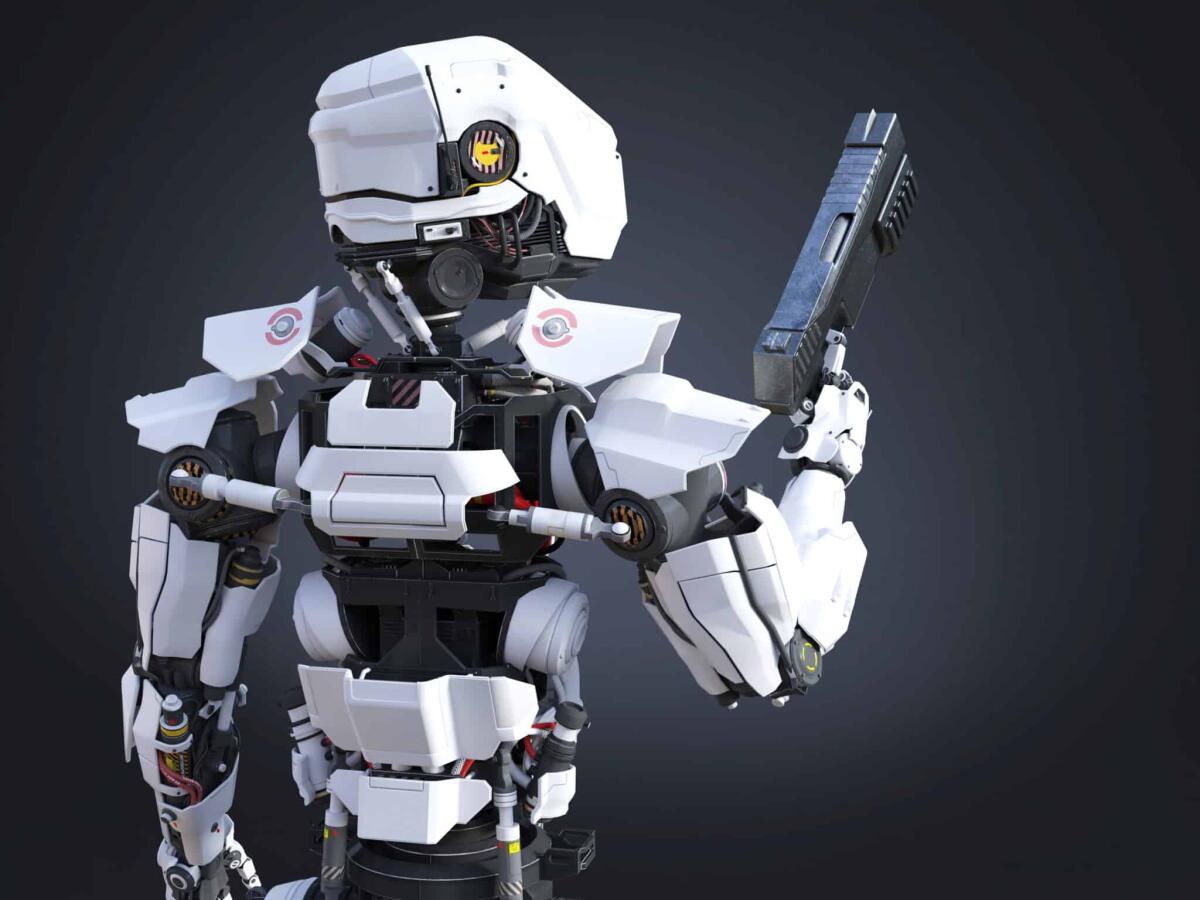 Robot killer: arrivano a San Franisco con licenza di uccidere - 3D rendering of a futuristic robot police or soldier holding a gun with his back against the camera. Dark background.