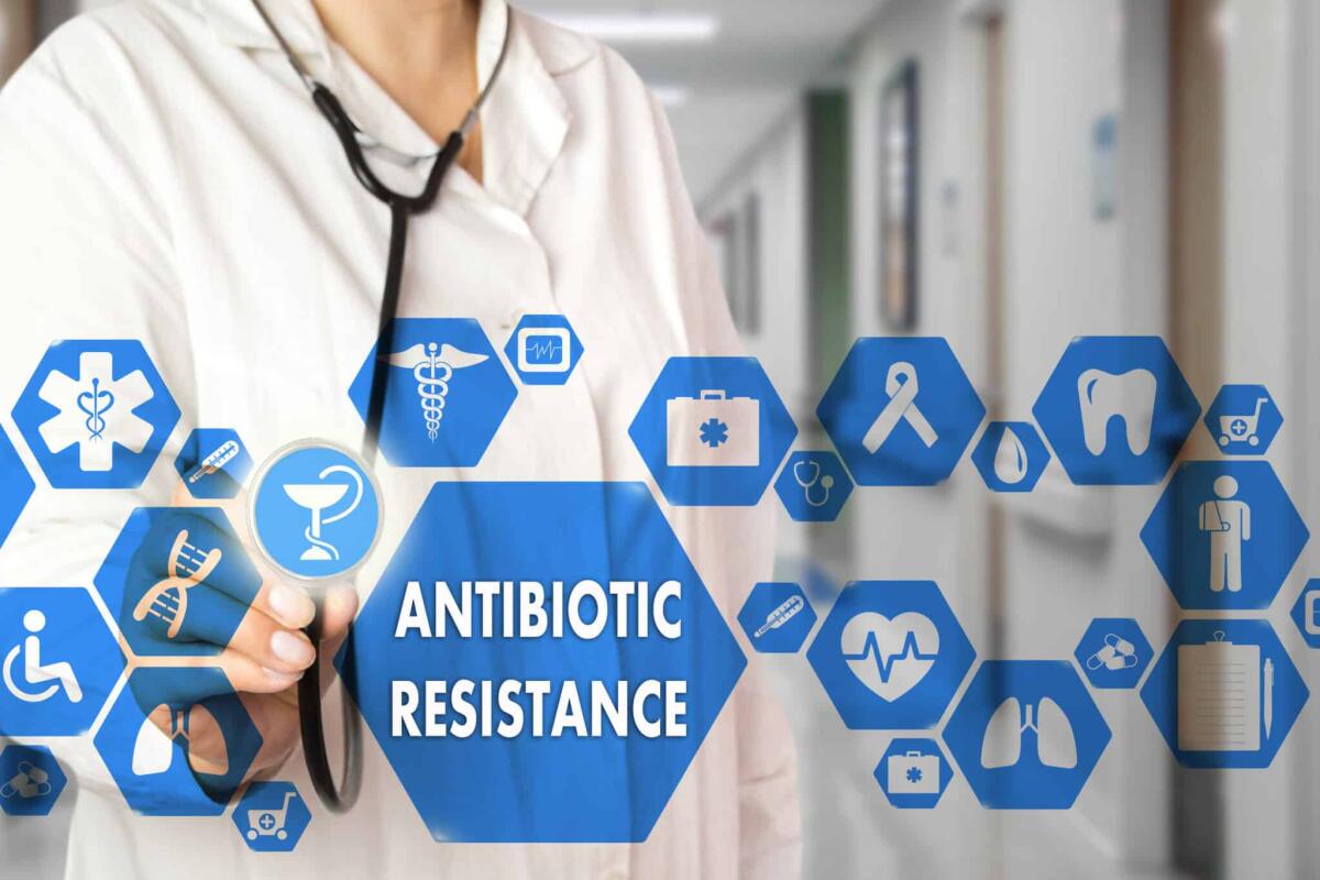 Resistenza agli antibiotici: dall'origine al giorno d'oggi - Medical Doctor  and ANTIBIOTIC RESISTANCE words in Medical network connection on the virtual screen on hospital background.Technology and medicine concept.