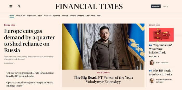La prima pagina del quotidiano britannico Financial Times che ha nominato il presidente ucraino "Persona dell'anno".