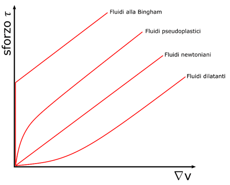 La pendenza delle curve rappresenta la viscosità del fluido. Gli unici fluidi che mostrano una pendenza costante per qualsiasi velocità di deformazione ∇v sono i fluidi newtoniani come l’acqua.