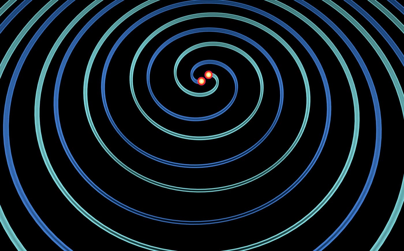 Illustrazione 3D di due onde gravitazionali.