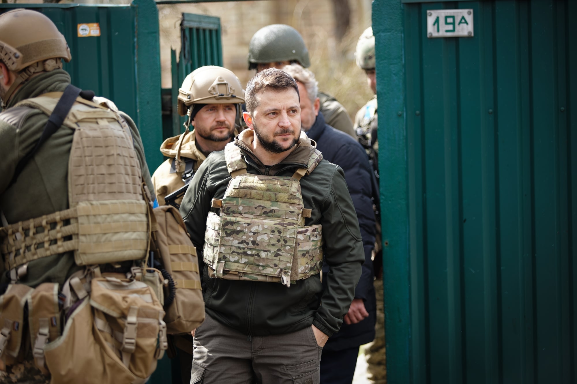Bucha, Ukraine. APR 04, 2022 President of Ukraine Volodymyr Zelenskyy visit Bucha town after liberation it from Russian occupiers during Russian Ukrainian war