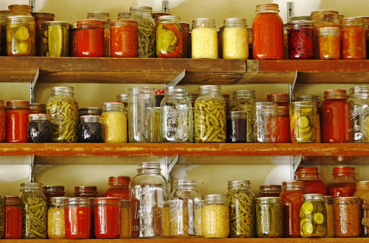 Conservazione degli alimenti: metodi e parametri - GLOUCESTER COUNTY, VIRGINIA- MARCH 12: Three shelves full of fresh canned fruits and vegetables stored away in a garage on the wall to be used as emergency food rations on March 12, 2012 in Gloucester County, VA.