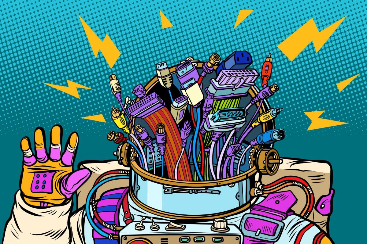 Cavetteria e adattatori audio video - chaos of adapter cables, cyber astronaut from the future. Pop art retro vector illustration vintage kitsch