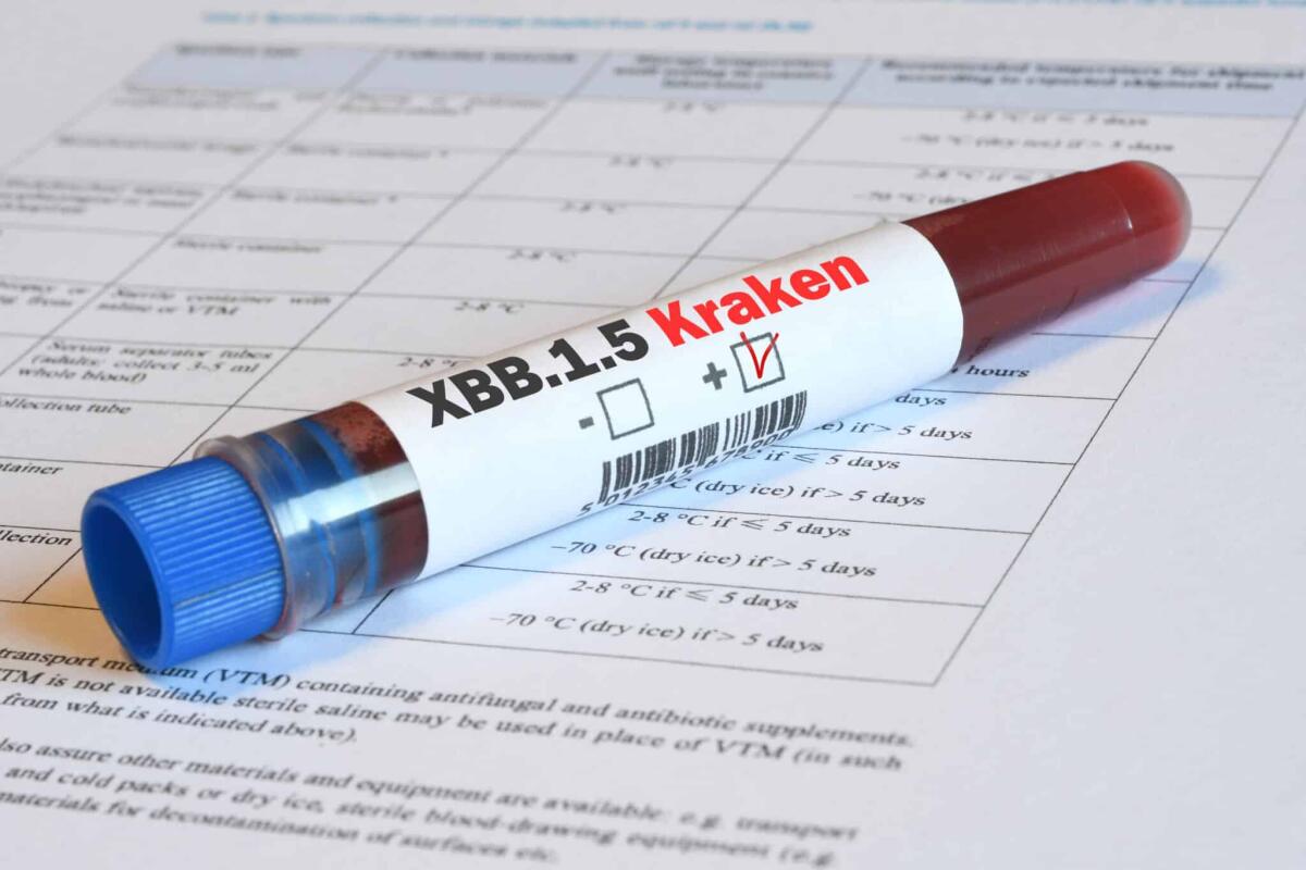 Kraken: l'ultima variante del Covid che preoccupa negli USA - Blood tube for test detection of virus Covid-19 XBB.1.5 Kraken Variant with positive result on papers document.